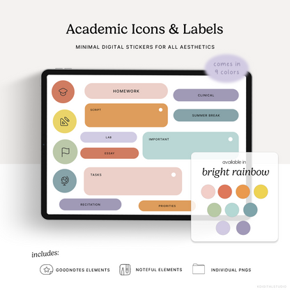 Academic Icons & Labels (Bright Rainbow) Digital Stickers