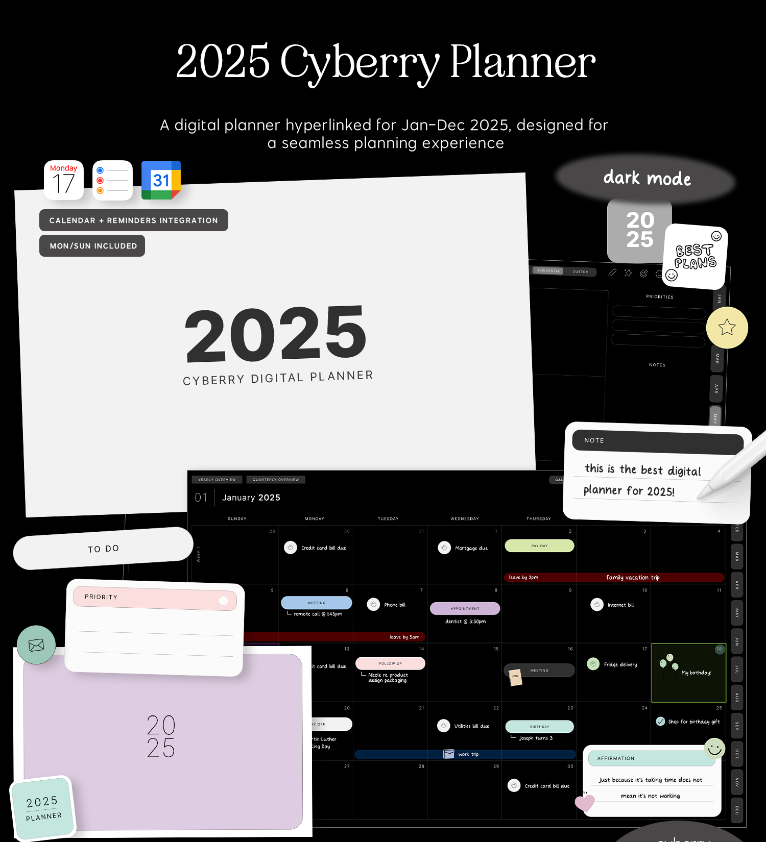 2025 cyberry digital planner in dark mode