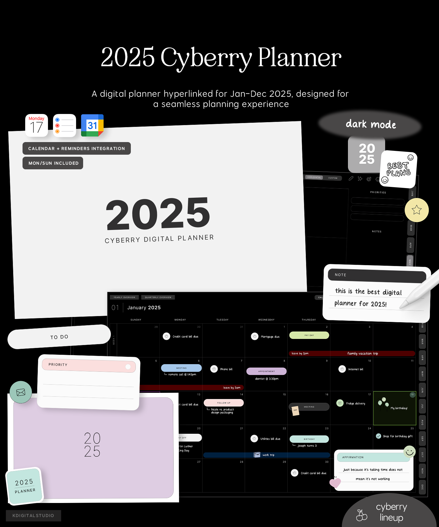 2025 cyberry digital planner in dark mode