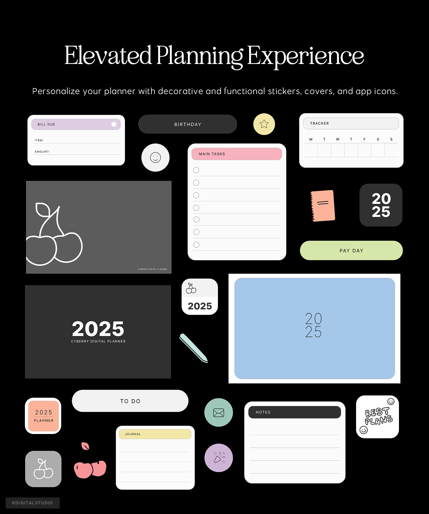 stickers, planner covers, app icons in cyberry digital planner