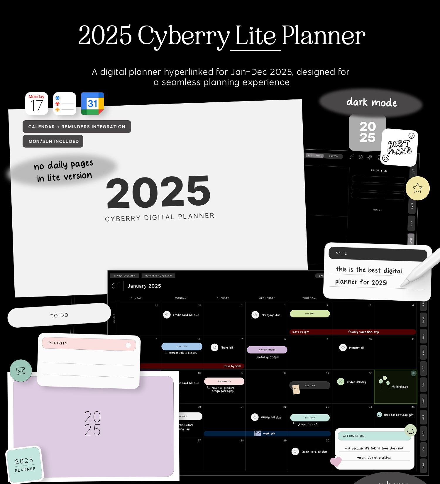 2025 cyberry lite digital planner in dark mode