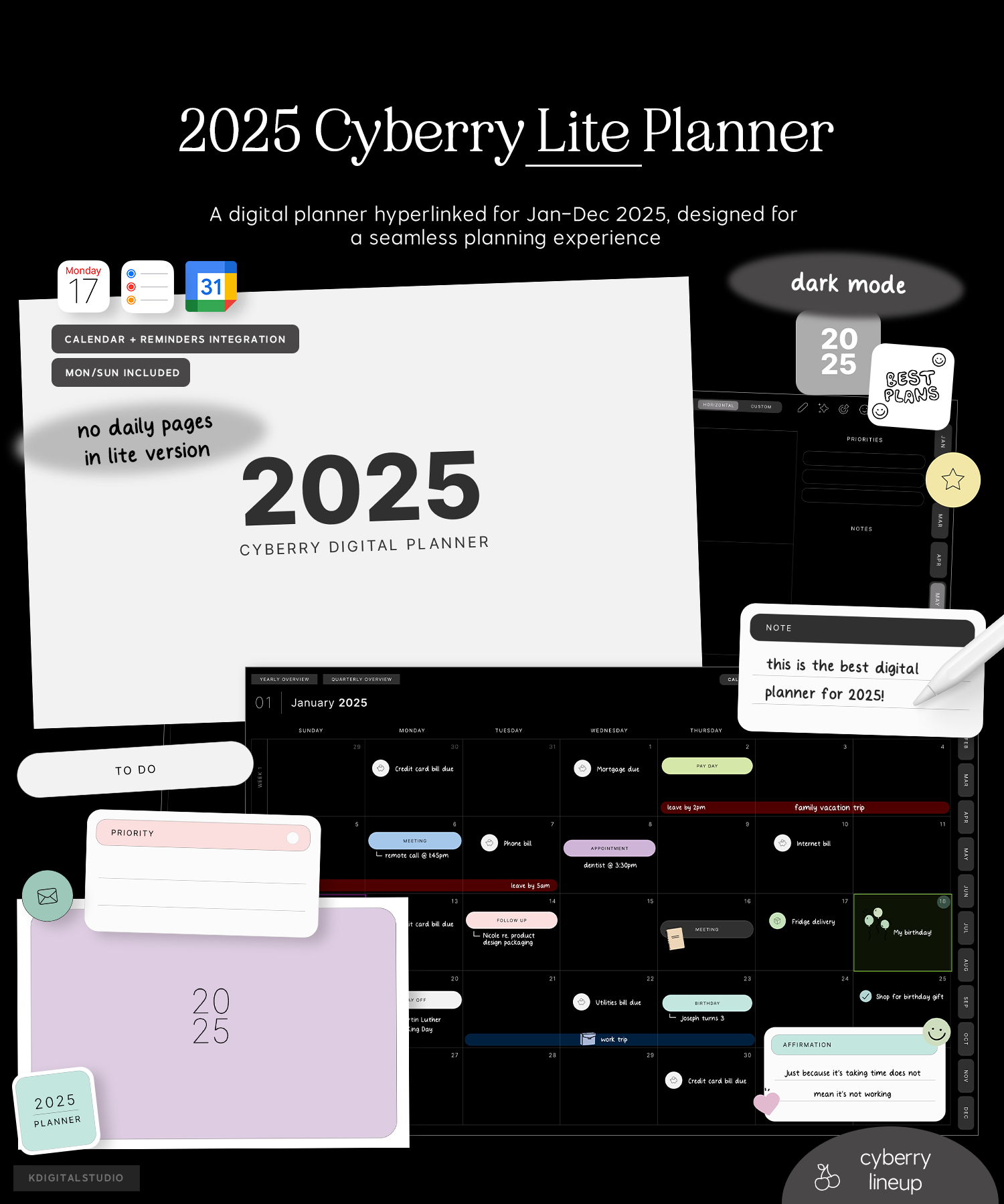 2025 cyberry lite digital planner in dark mode