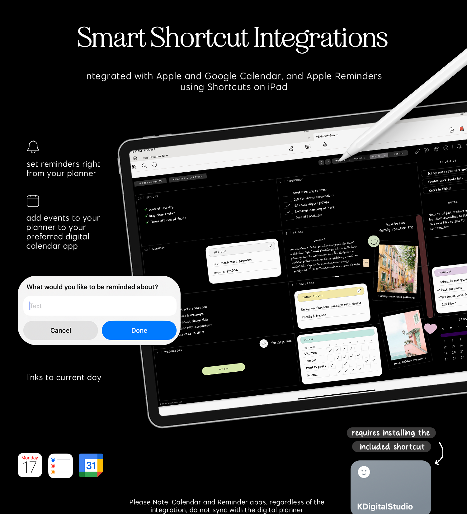 smart shortcut integrations in cyberry lite digital planner