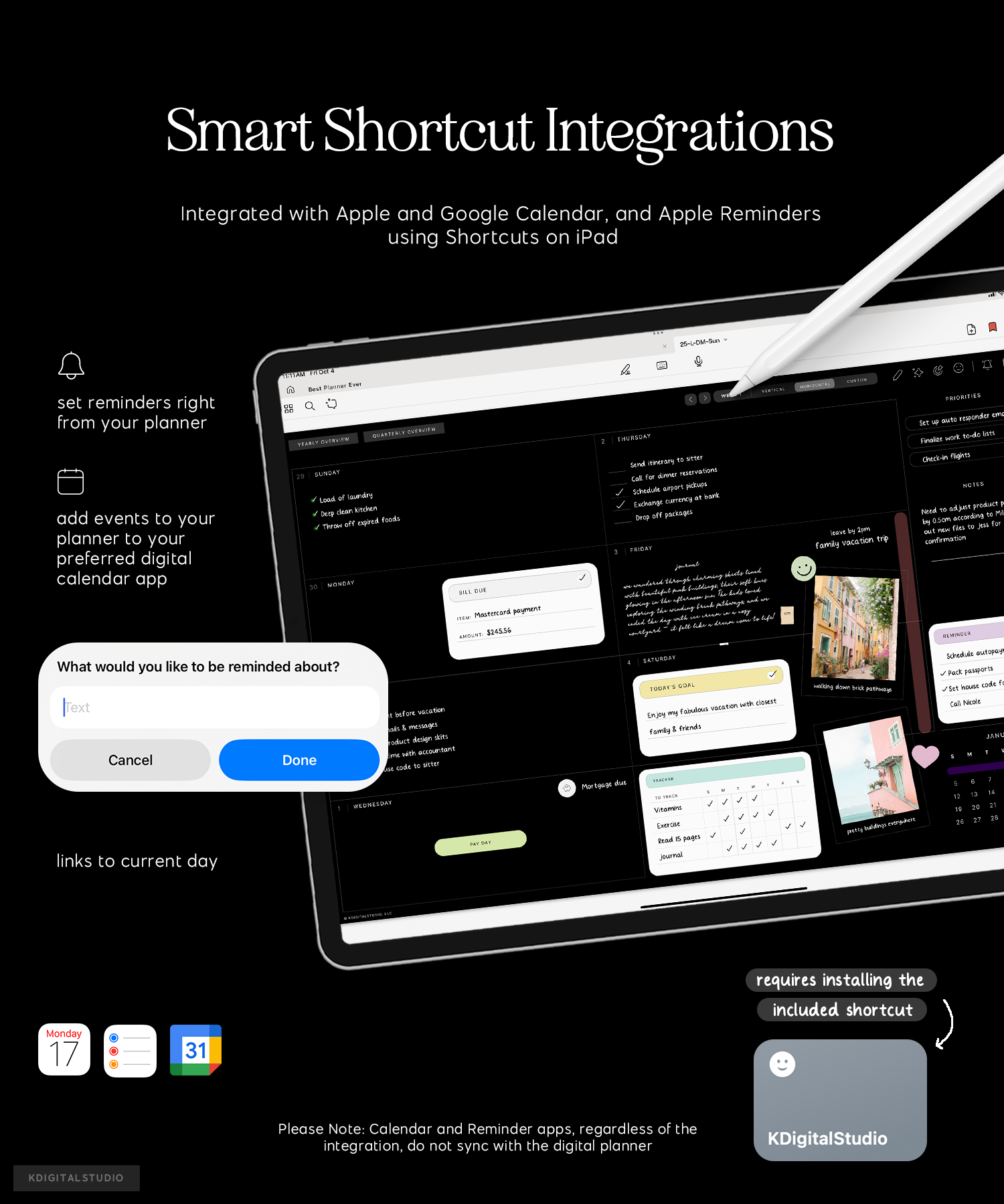 smart shortcut integrations in cyberry lite digital planner