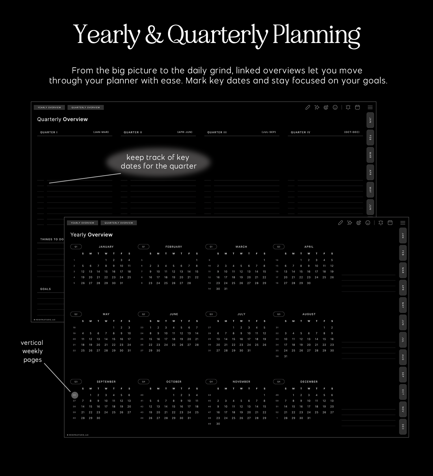 yearly and quarterly planning in cyberry lite digital planner