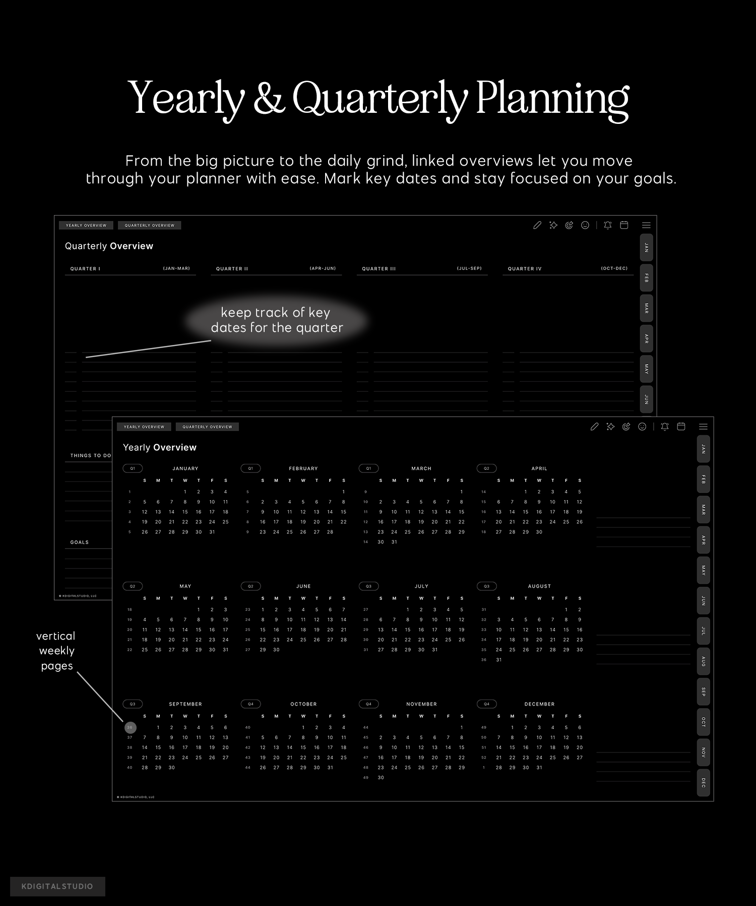 yearly and quarterly planning in cyberry lite digital planner