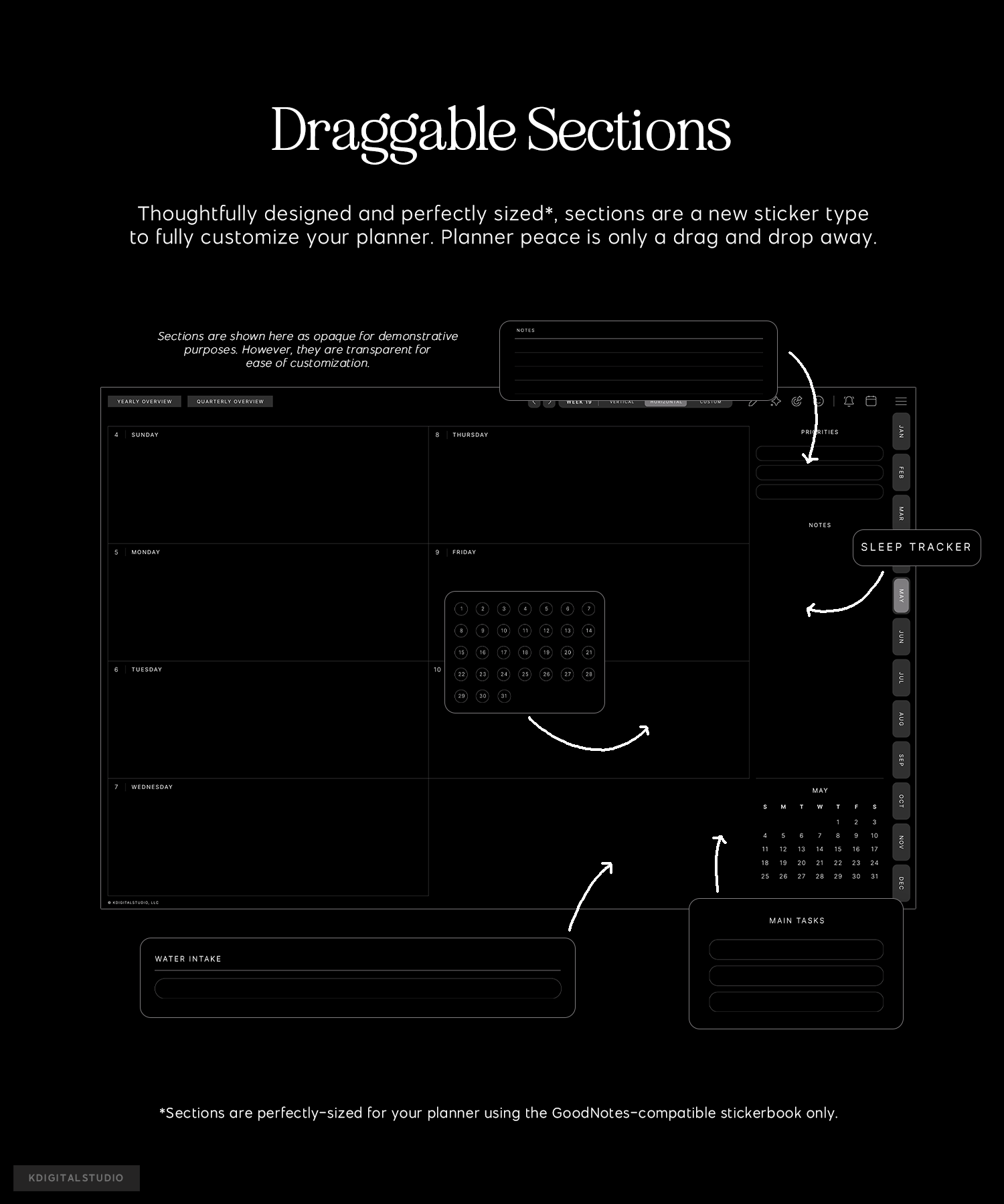 draggable sections in cyberry lite digital planner