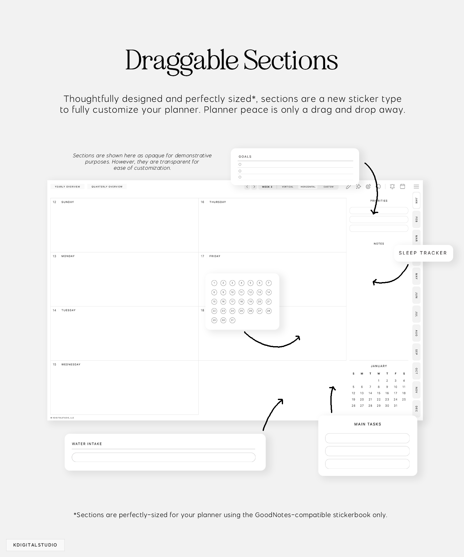 draggable sections in cyberry lite digital planner