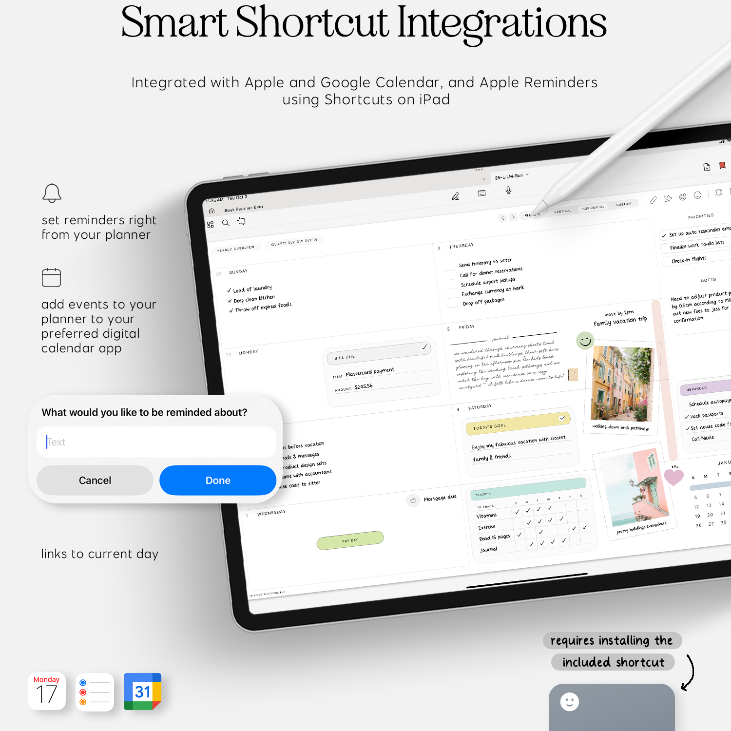 smart shortcut integrations in cyberry lite digital planner