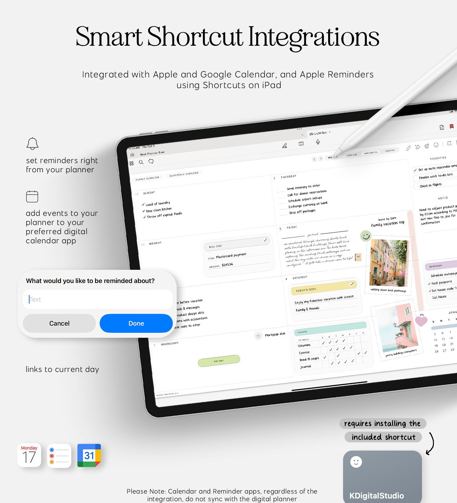 smart shortcut integrations in cyberry lite digital planner