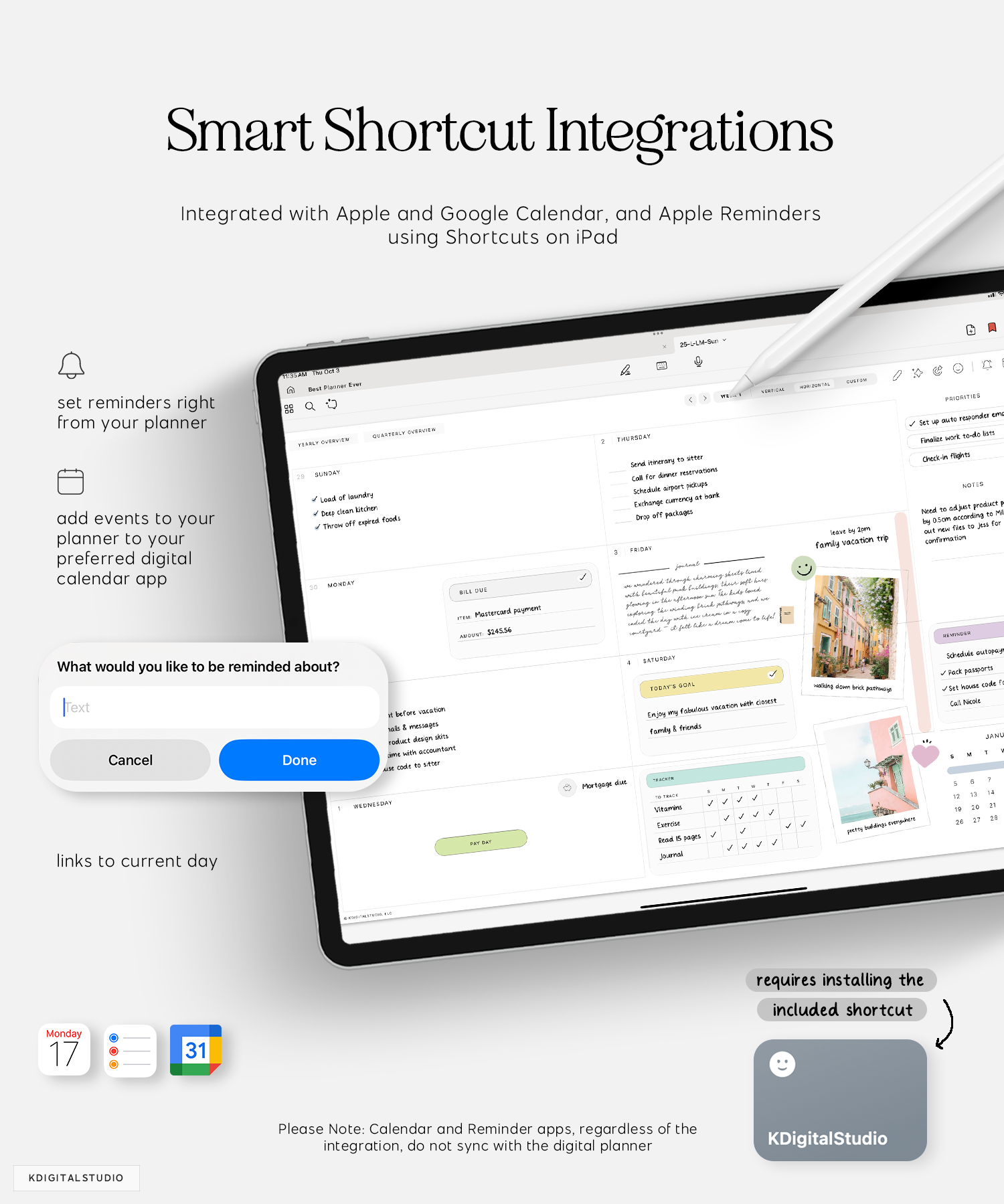 smart shortcut integrations in cyberry lite digital planner