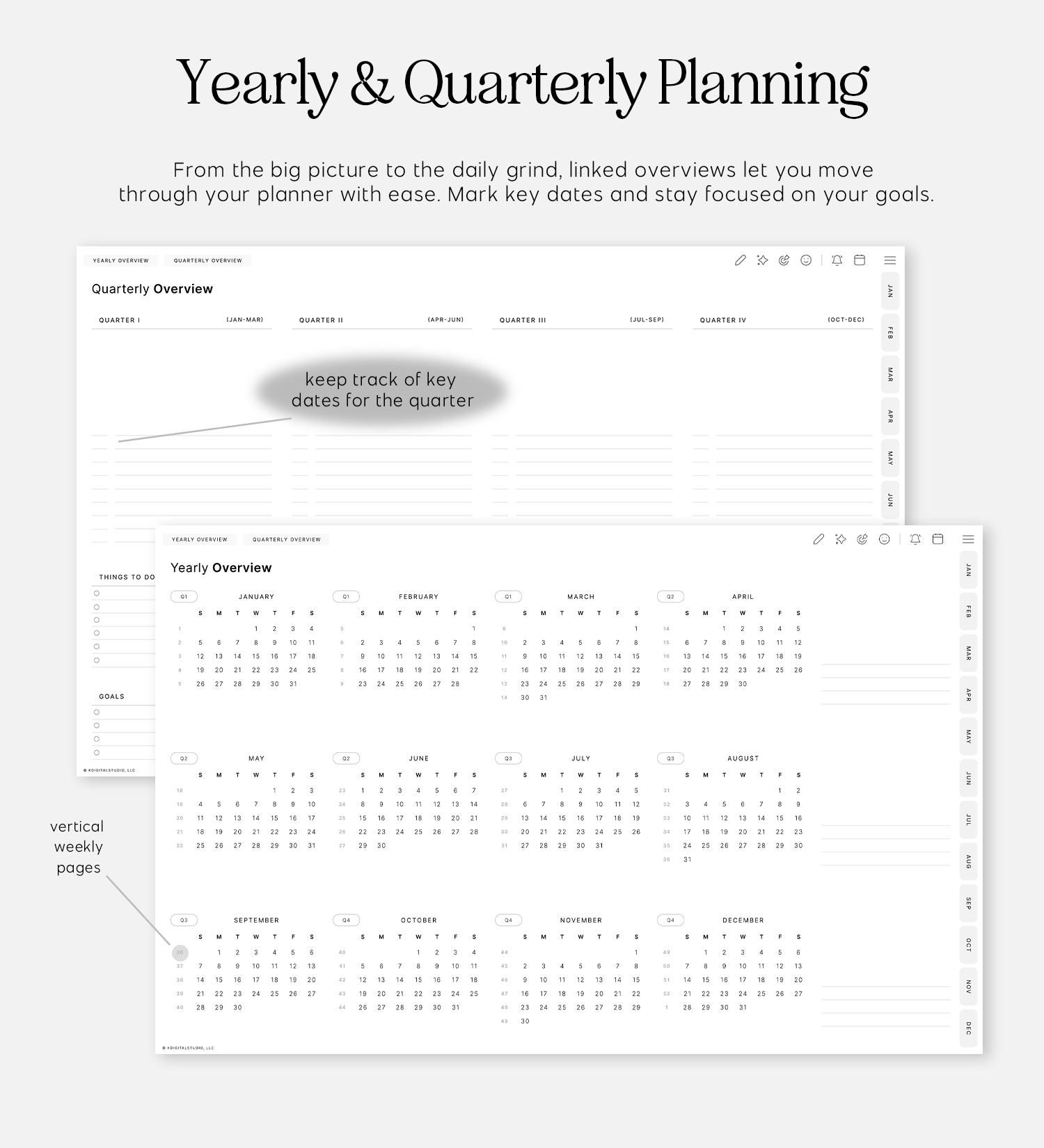 yearly and quarterly planning in cyberry lite digital planner