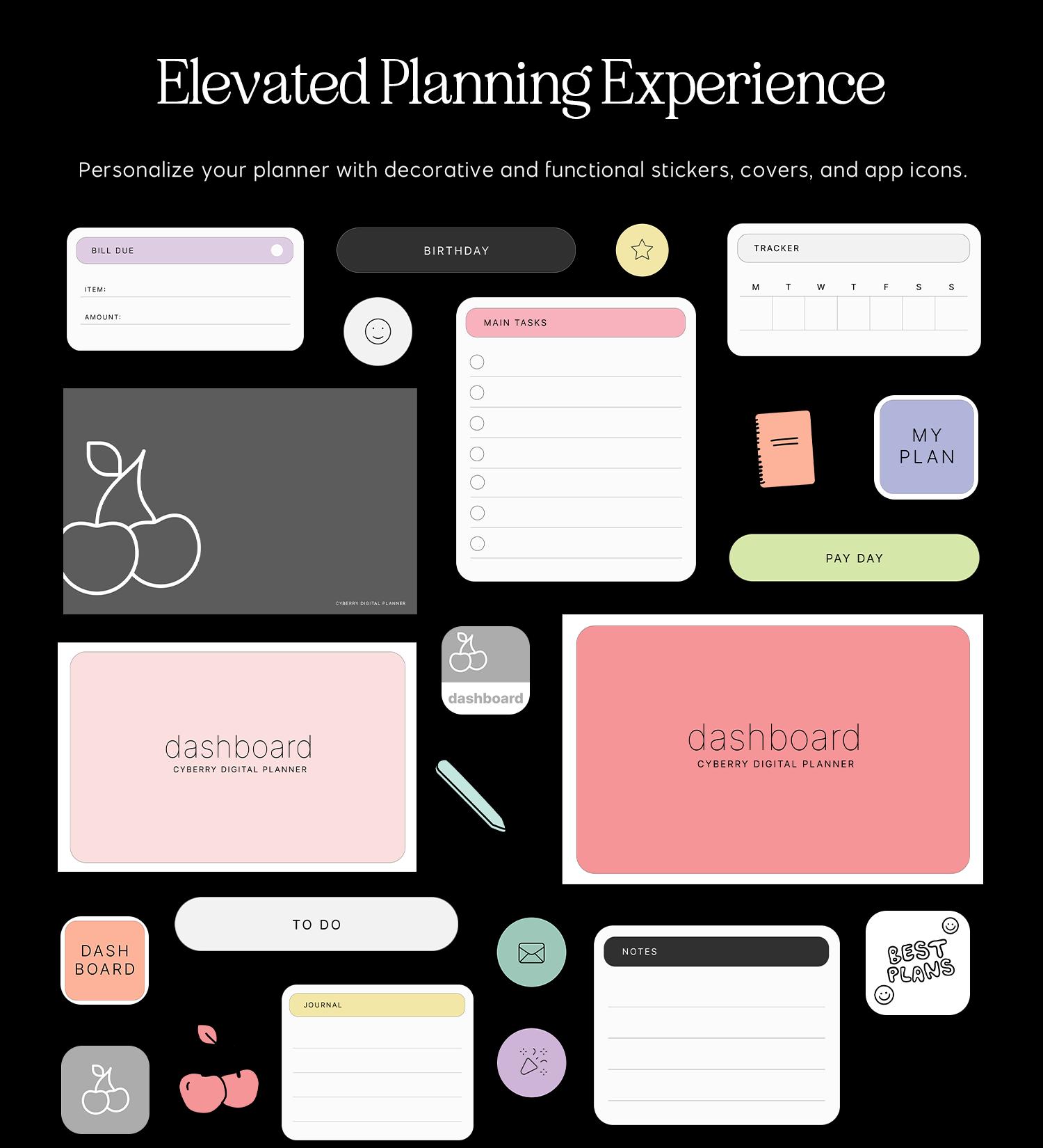 Planning stickers, covers, and app icons for cyberry dashboard planner