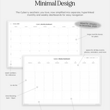 The Cyberry aesthetic you love, now simplified into separate, hyperlinked monthly and weekly dashboards for easy navigation