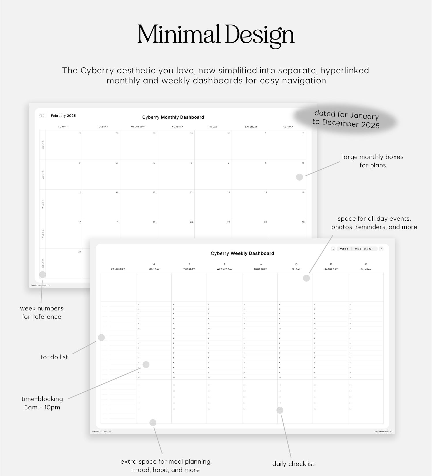 The Cyberry aesthetic you love, now simplified into separate, hyperlinked monthly and weekly dashboards for easy navigation