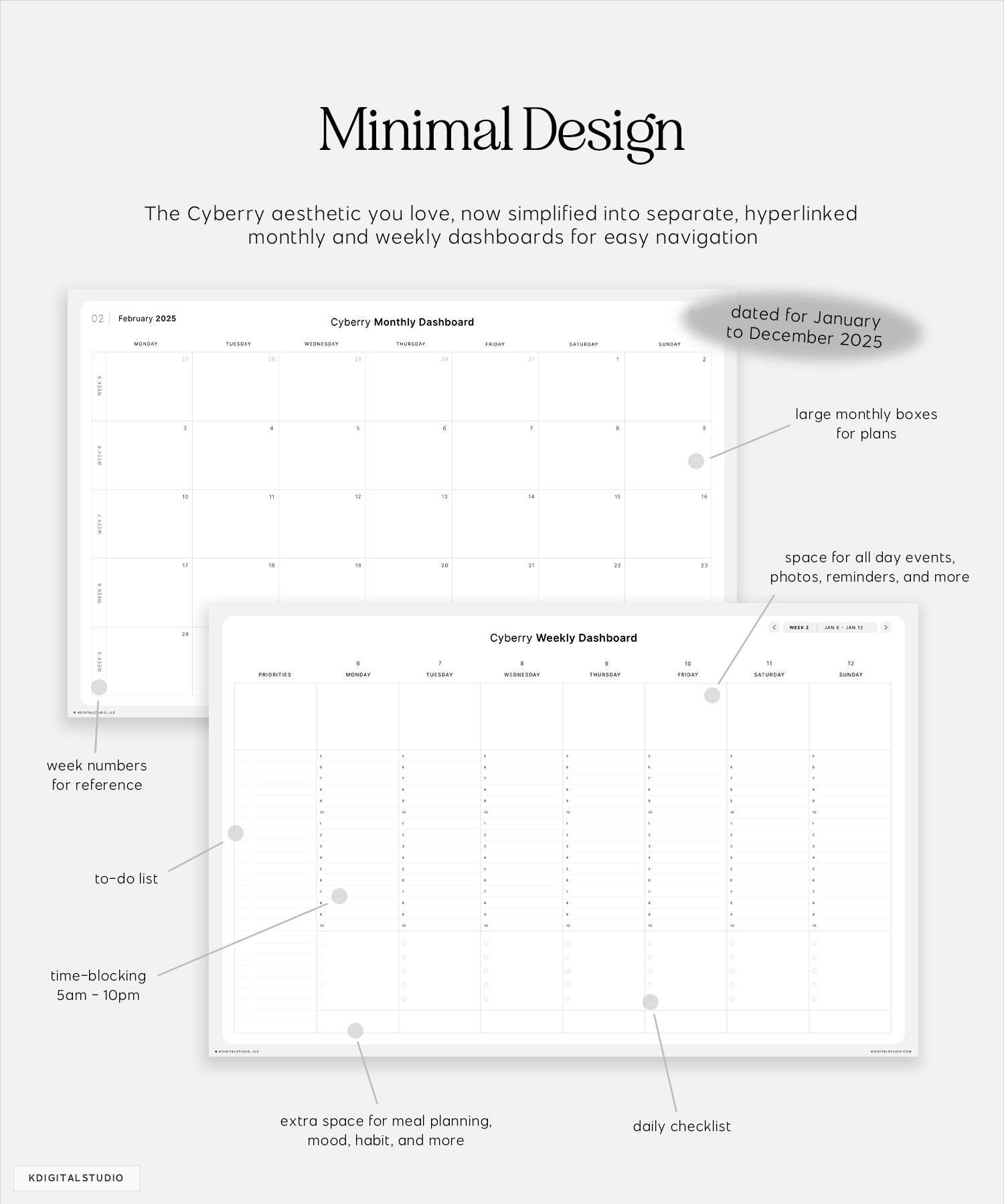 The Cyberry aesthetic you love, now simplified into separate, hyperlinked monthly and weekly dashboards for easy navigation