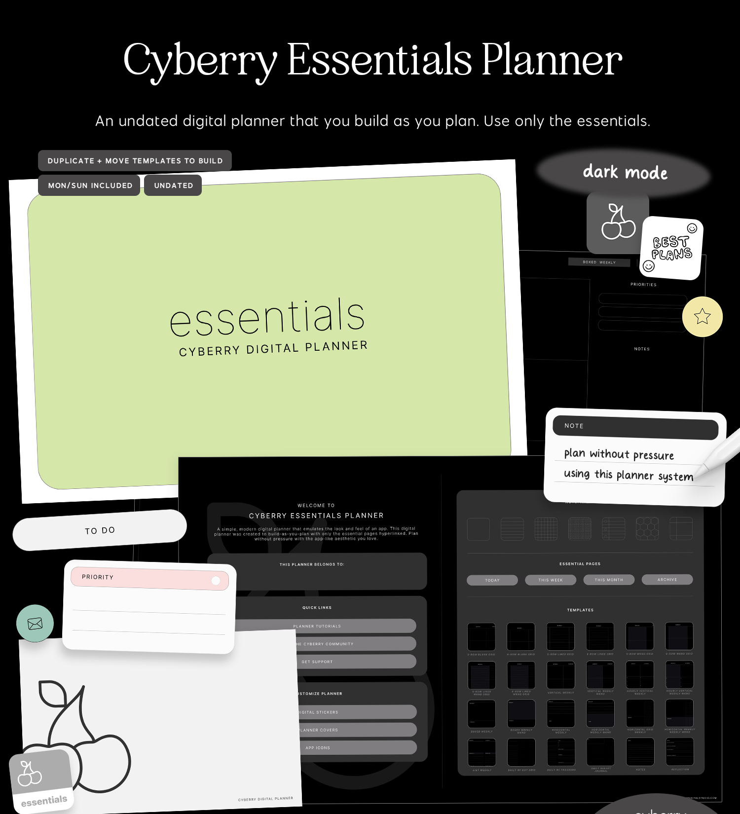 cyberry essentials planner in dark mode