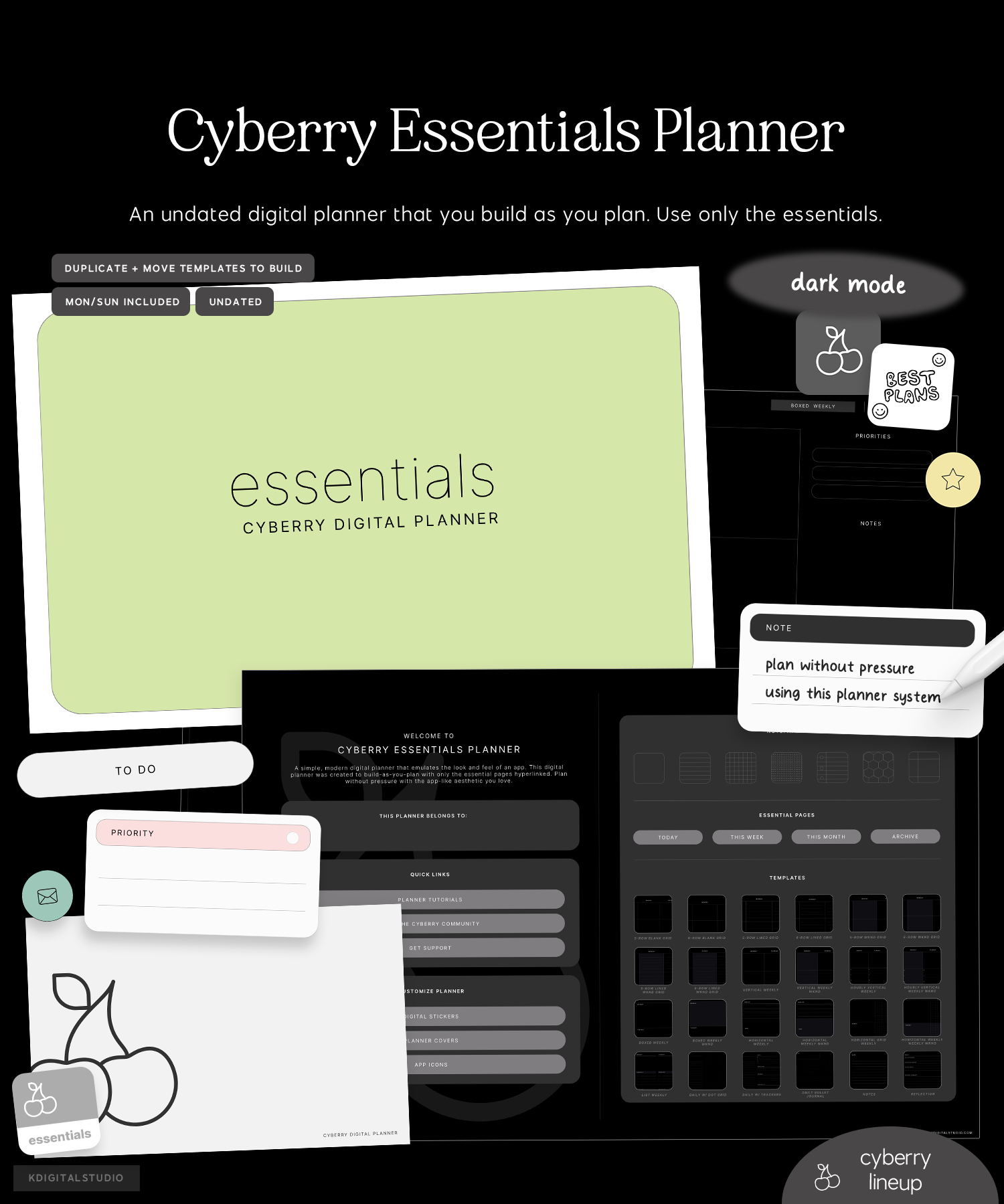 cyberry essentials planner in dark mode