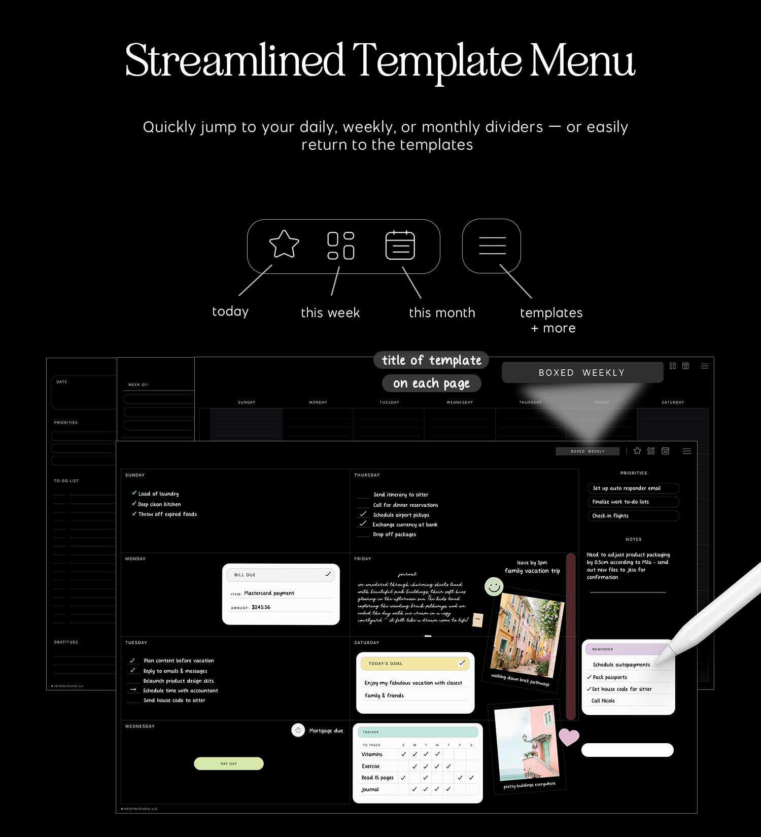 streamlined template menu in cyberry essentials planner