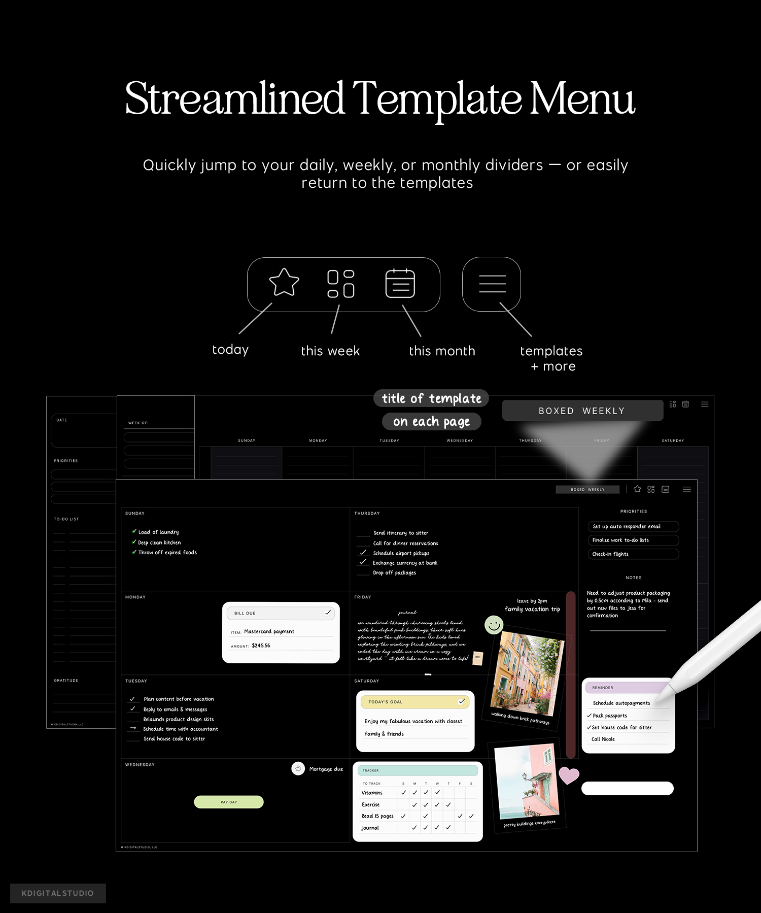 streamlined template menu in cyberry essentials planner