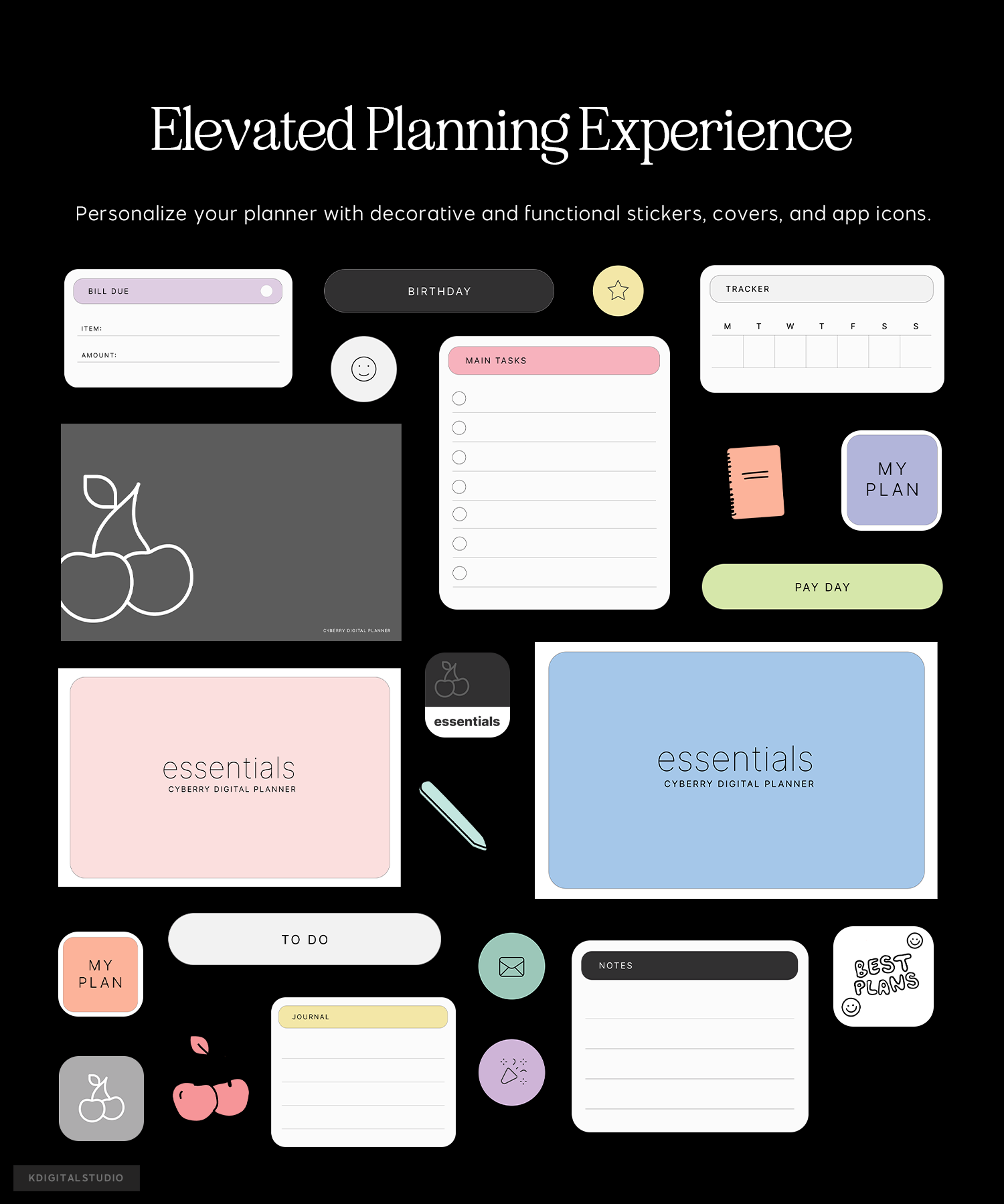 planning stickers, covers, and app icons in cyberry digital planner