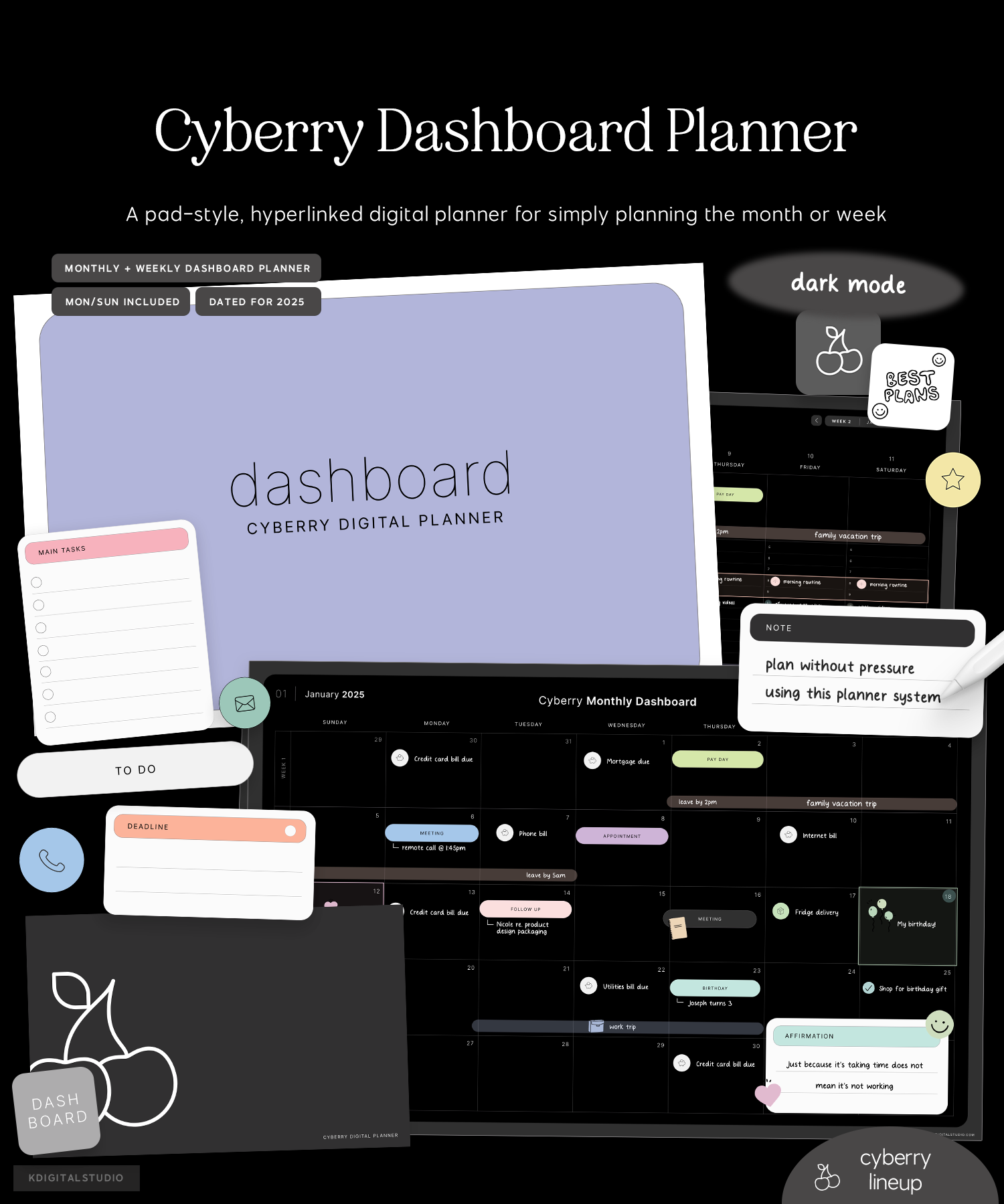 cyberry dashboard planner in dark mode