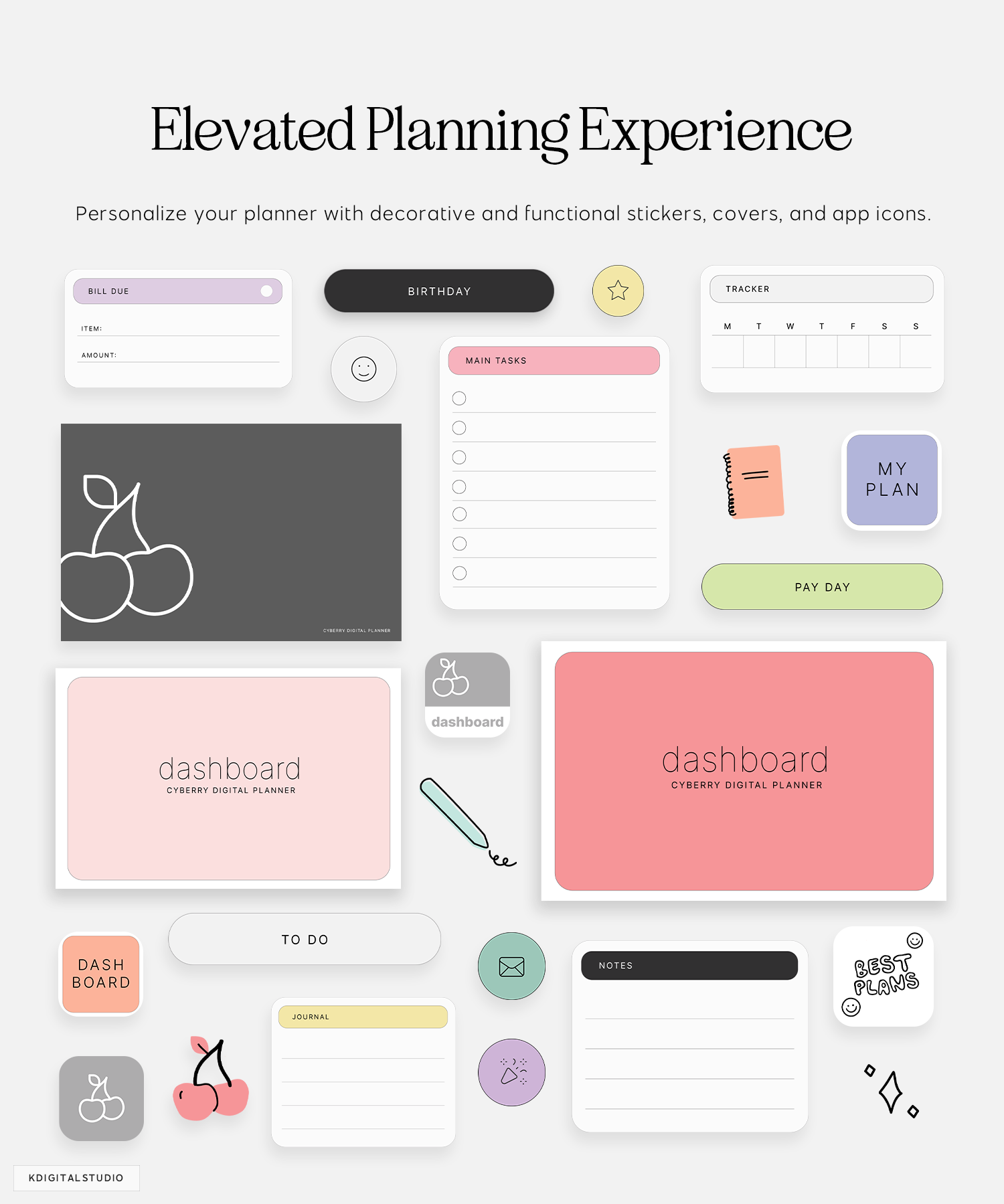 Planning stickers, covers, and app icons included with Cyberry dashboard planner