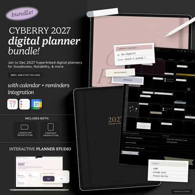 Promotional graphic for the Cyberry 2027 digital planner bundle, showing a black planner, pink and black Notion templates, a white stylus, and planner accessories on a dark background with text describing the bundle contents.