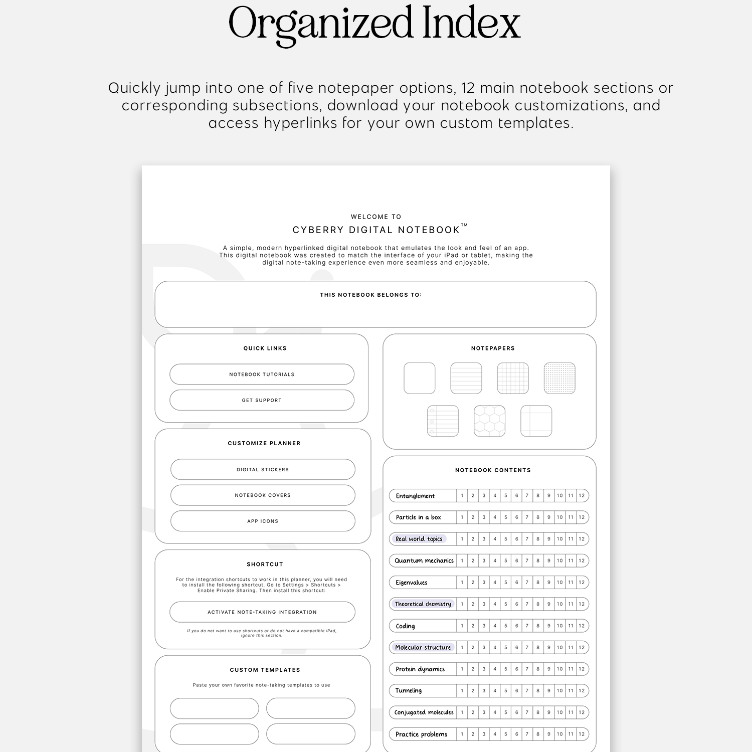 organized index in cyberry notebook