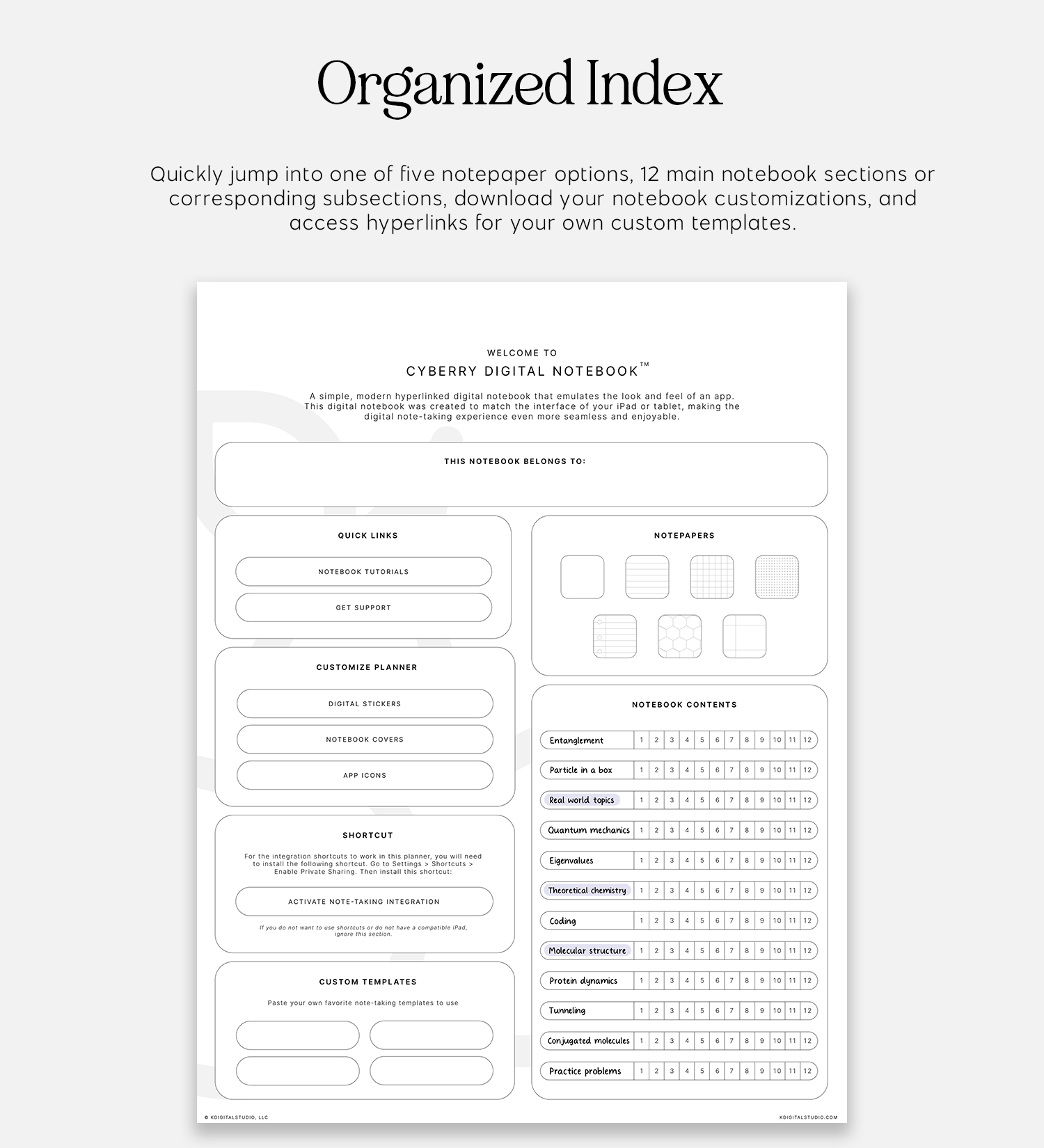 organized index in cyberry notebook