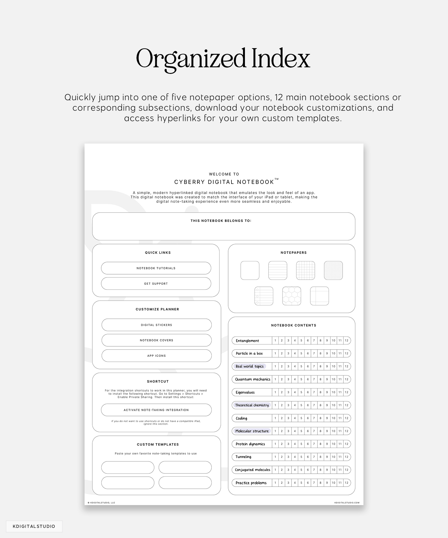 organized index in cyberry notebook