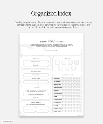 organized index in cyberry notebook