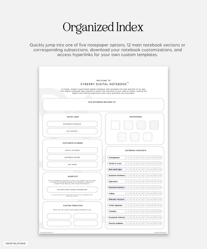 organized index in cyberry notebook