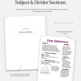 subject and divider sections in cyberry notebook