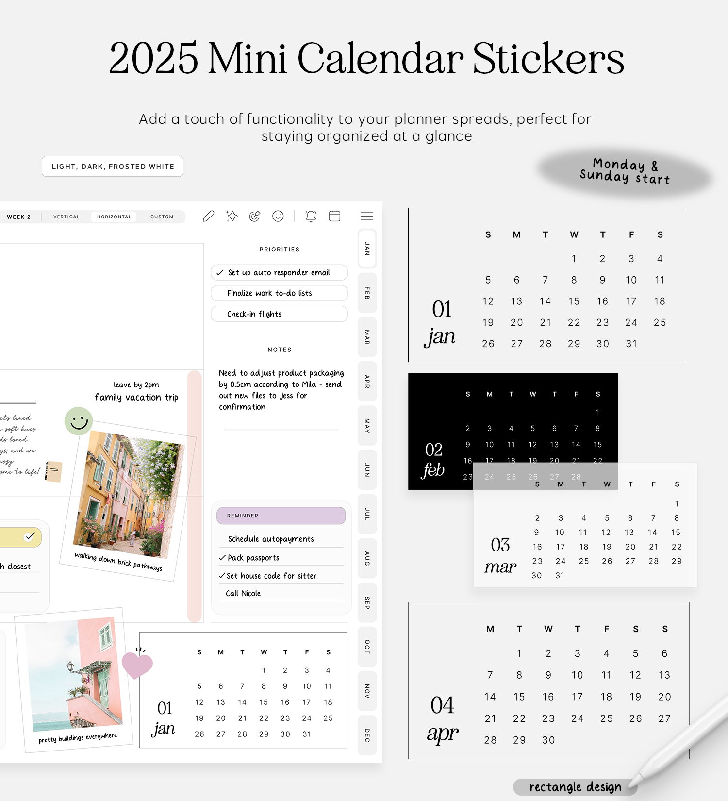 2025 rectangle mini calendar digital stickers