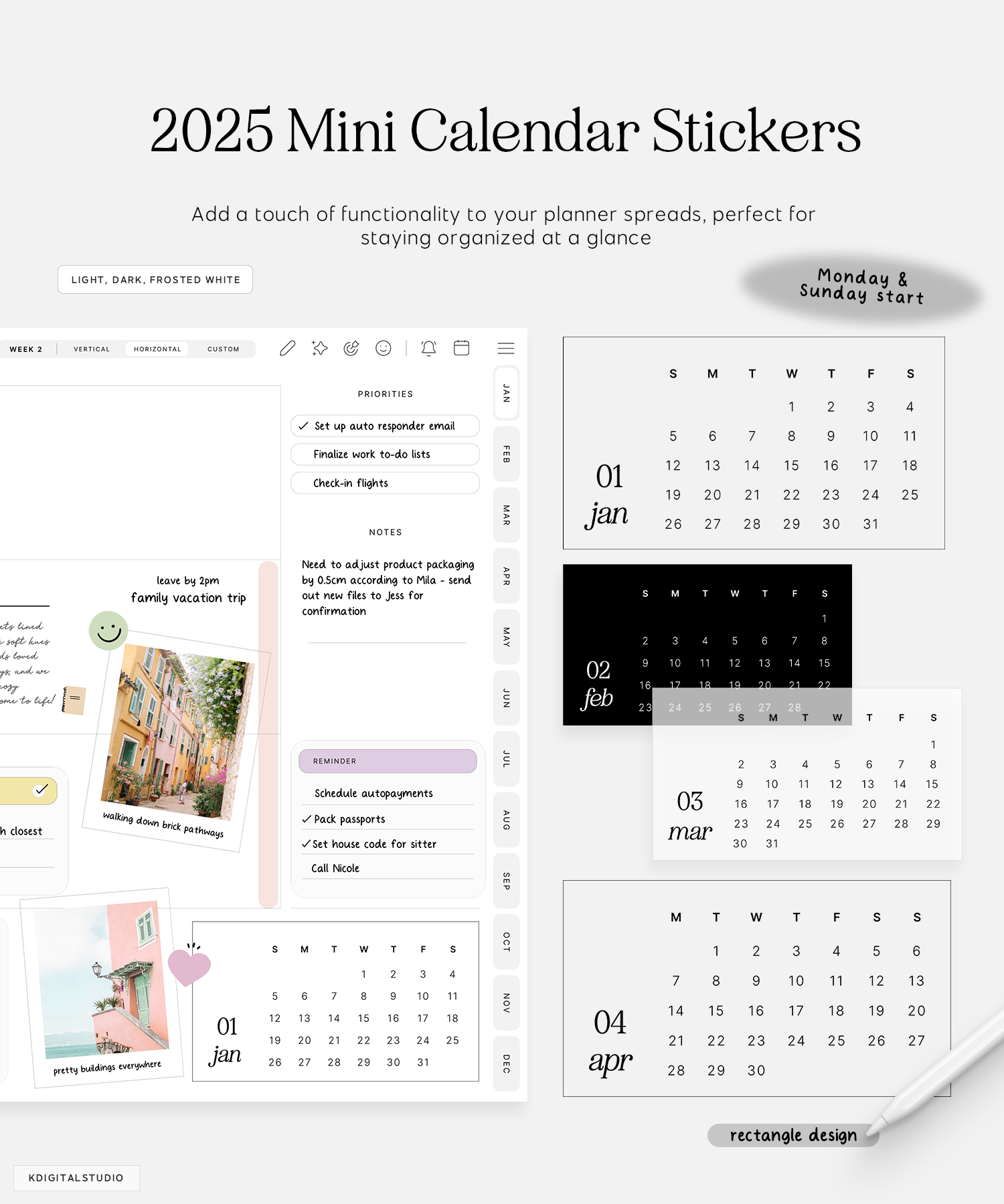 2025 rectangle mini calendar digital stickers