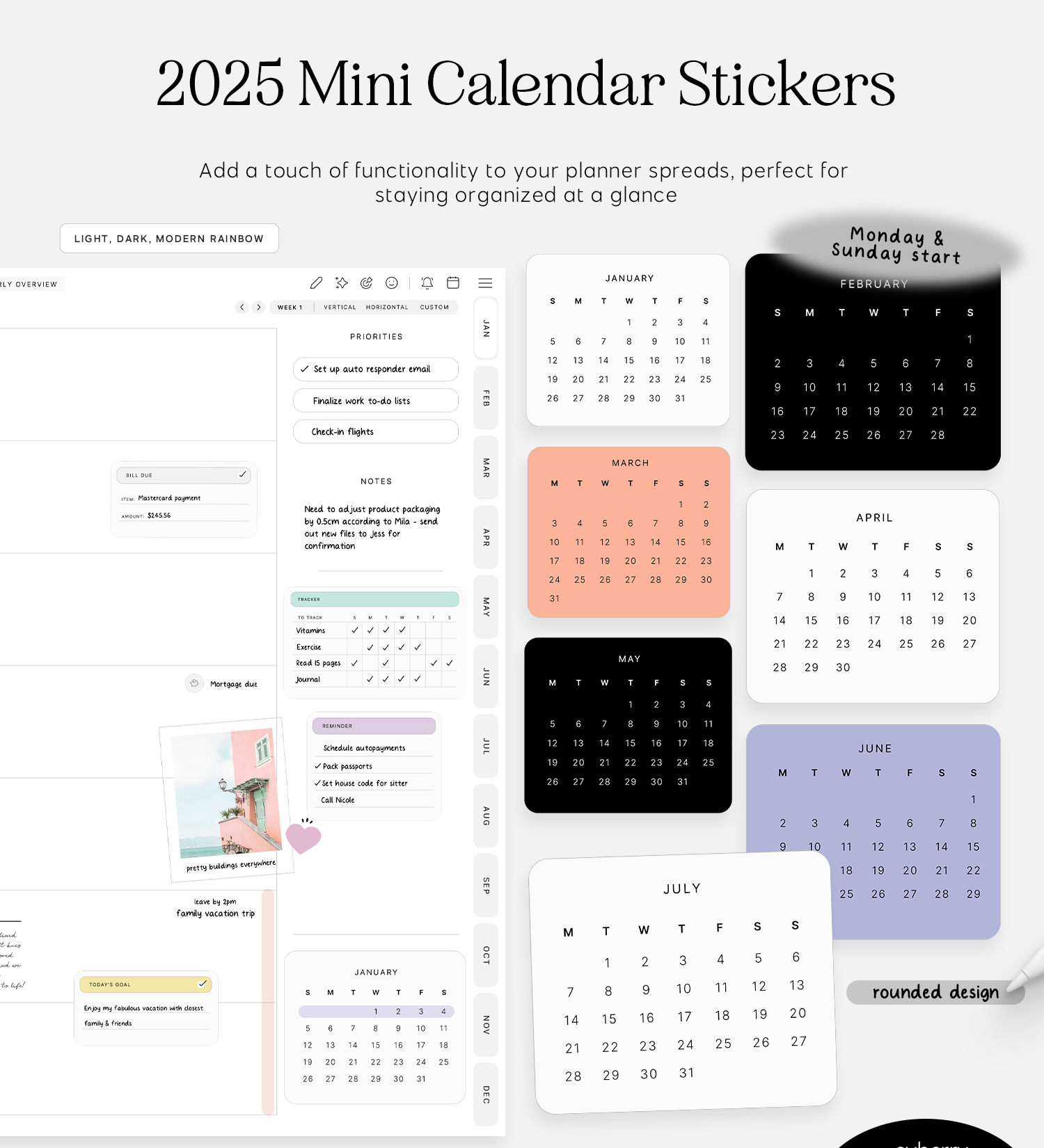 2025 mini calendar digital stickers