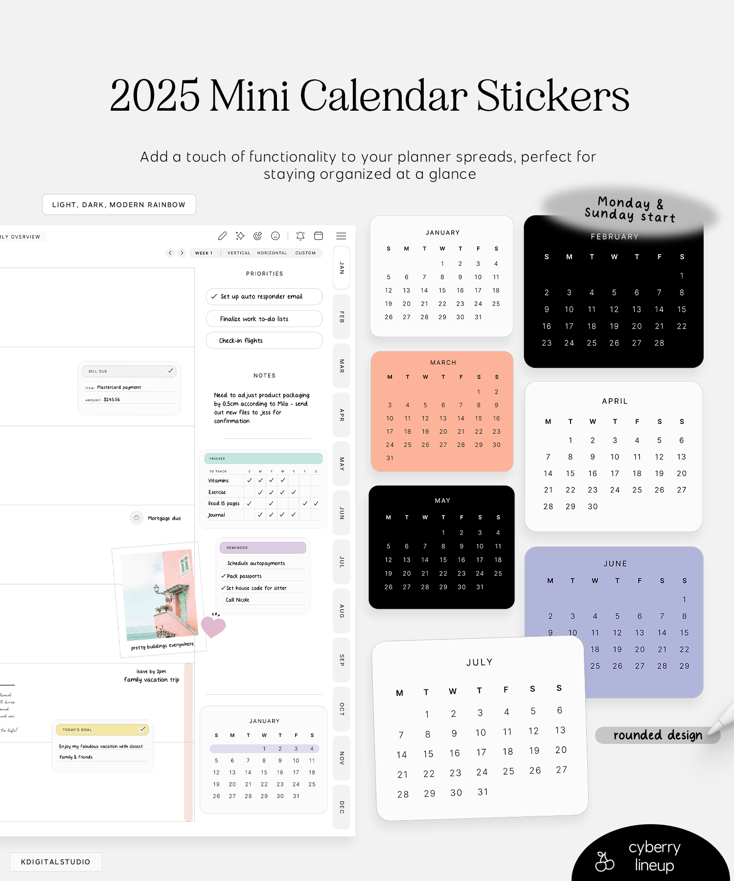 2025 mini calendar digital stickers