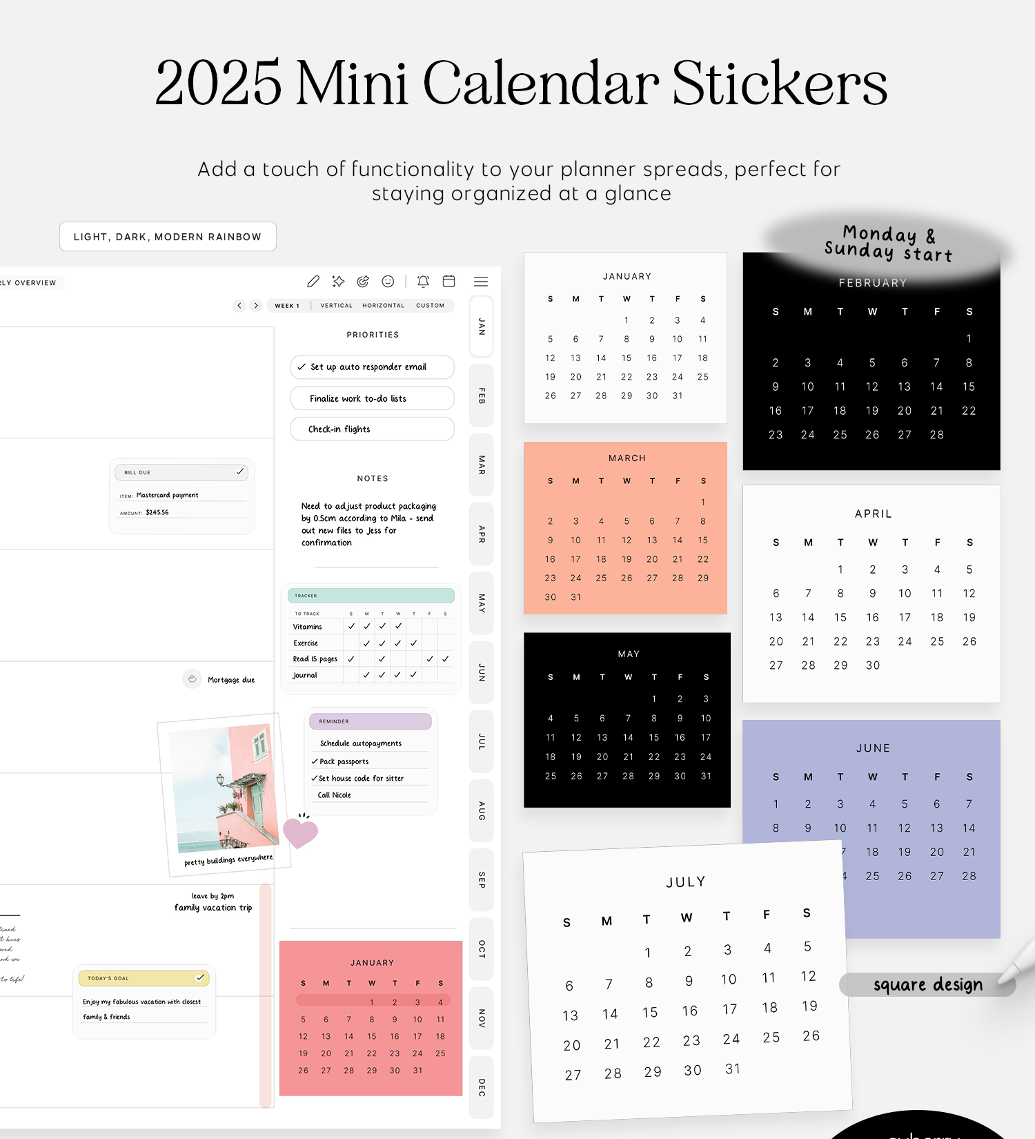 2025 mini calendar square digital stickers