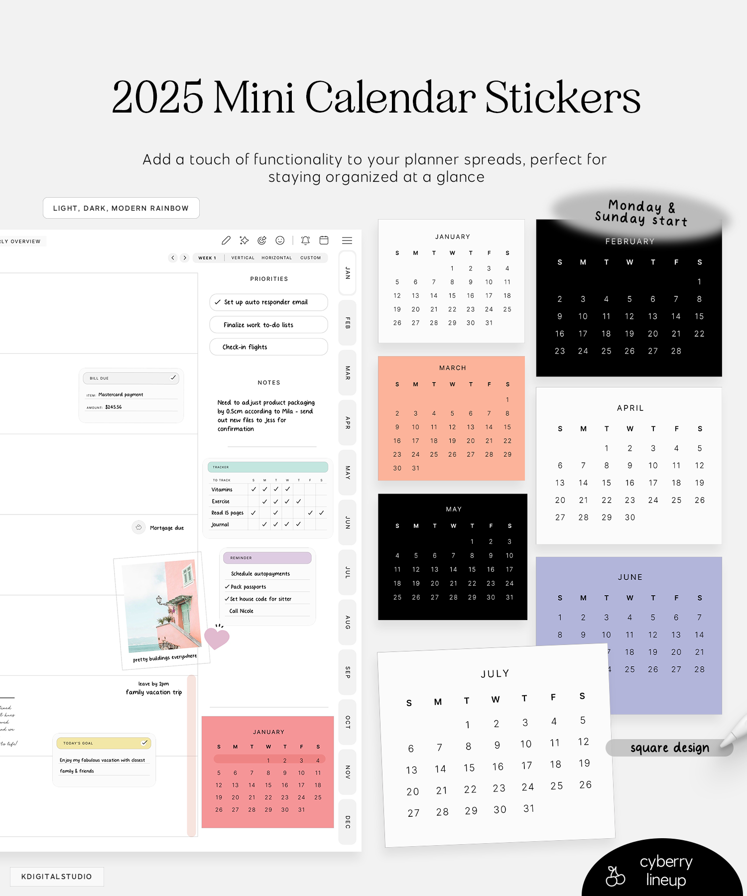 2025 mini calendar square digital stickers