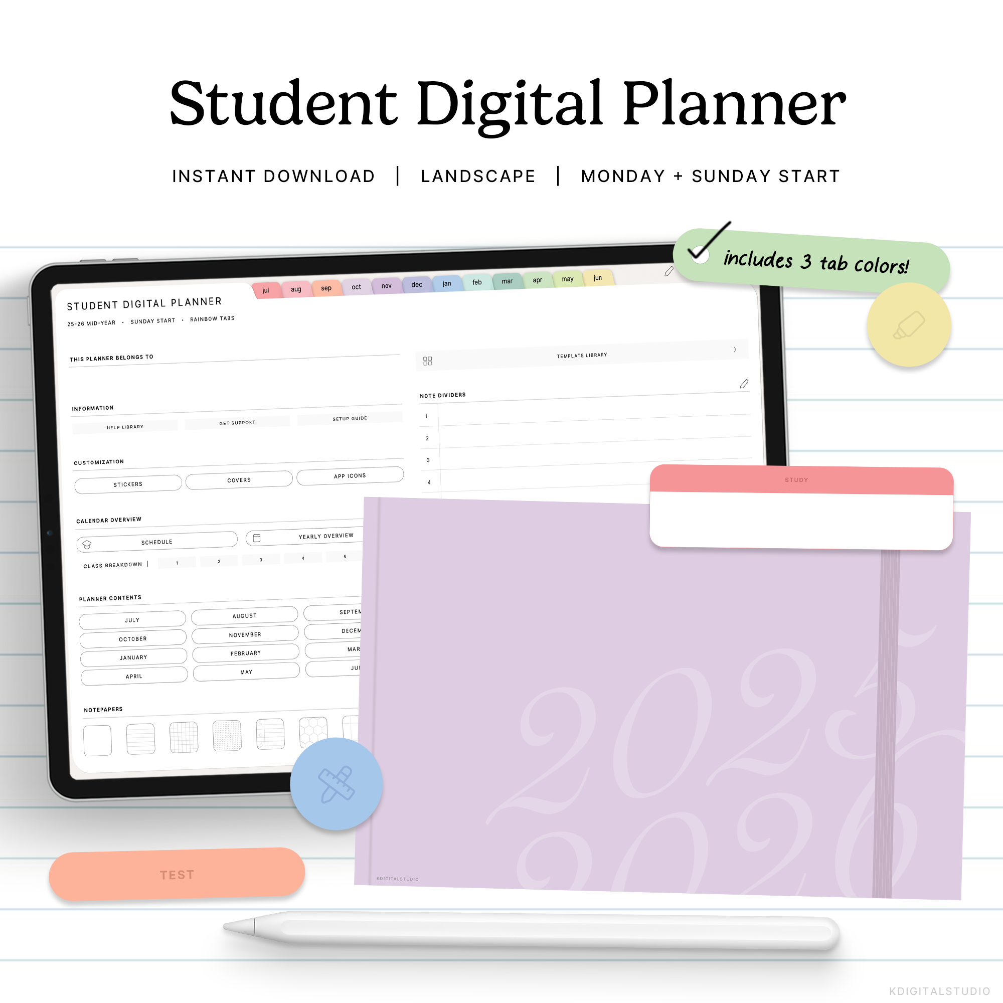 Student digital planner with tablet and calendar on a white background