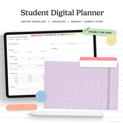 Student digital planner with tablet and calendar on a white background