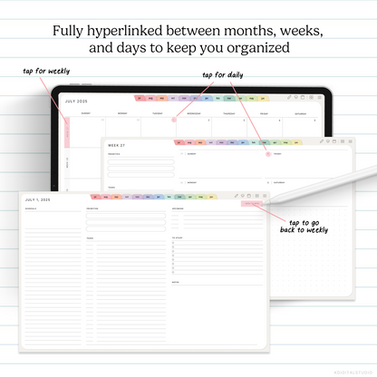 Digital planner with hyperlinks between months, weeks, and days on a computer screen.