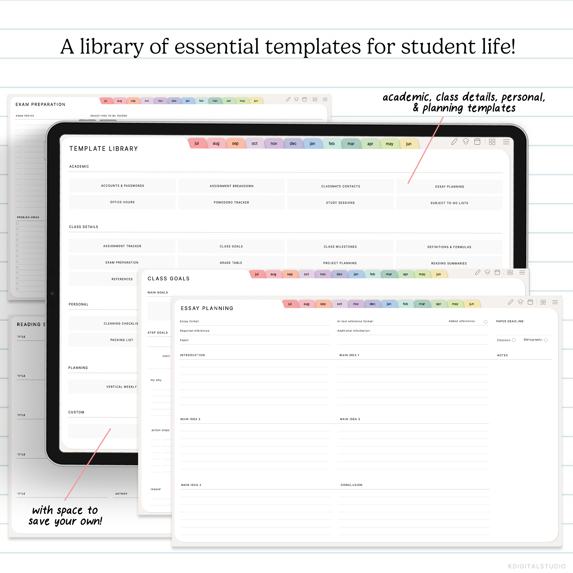 iPad displaying a template library for student life with various templates.