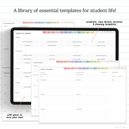 iPad displaying a template library for student life with various templates.