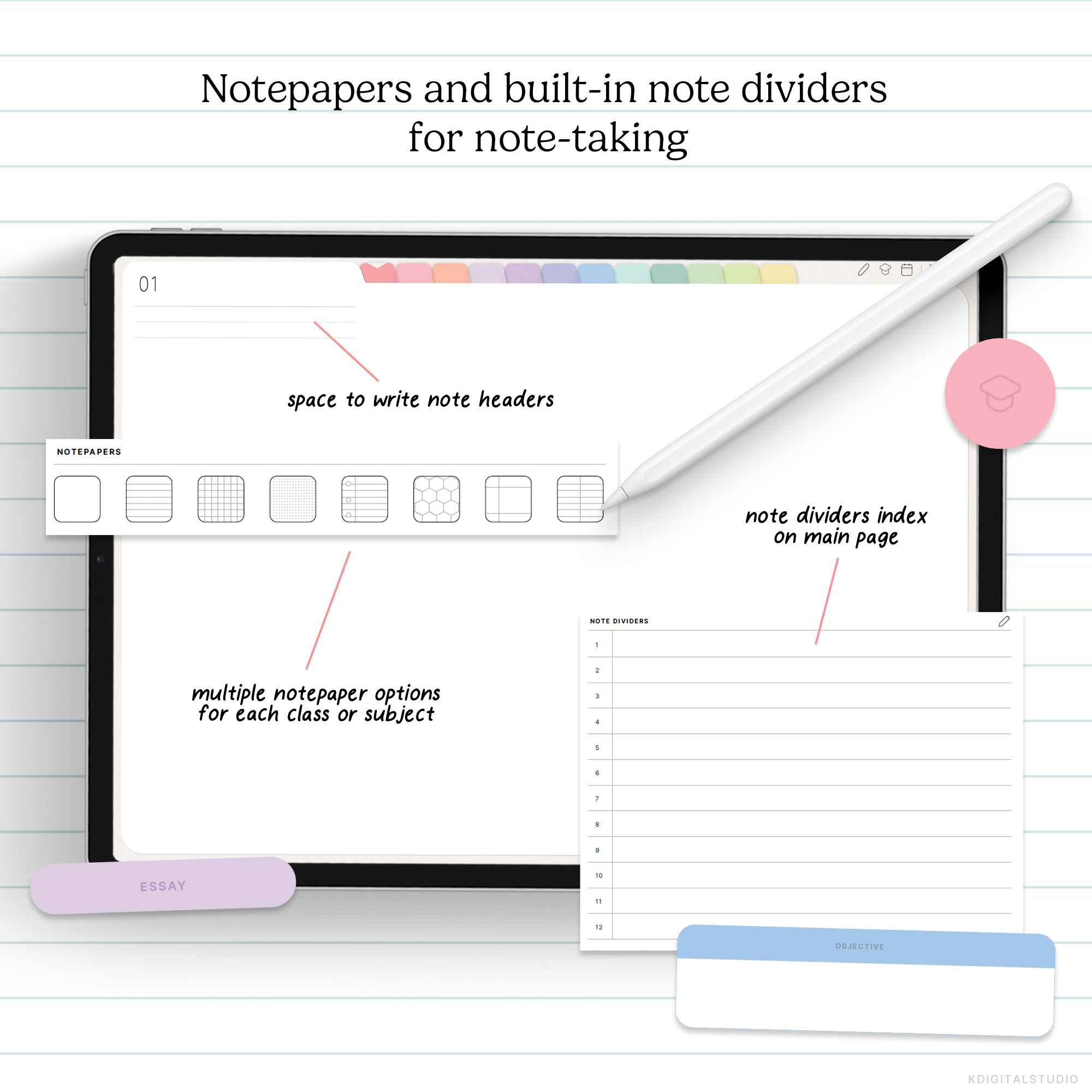 Digital notepad with customizable note-taking features on a white background