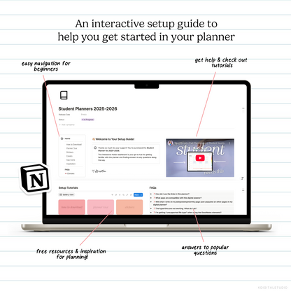Laptop screen displaying a student planner setup guide with text annotations on a white background.