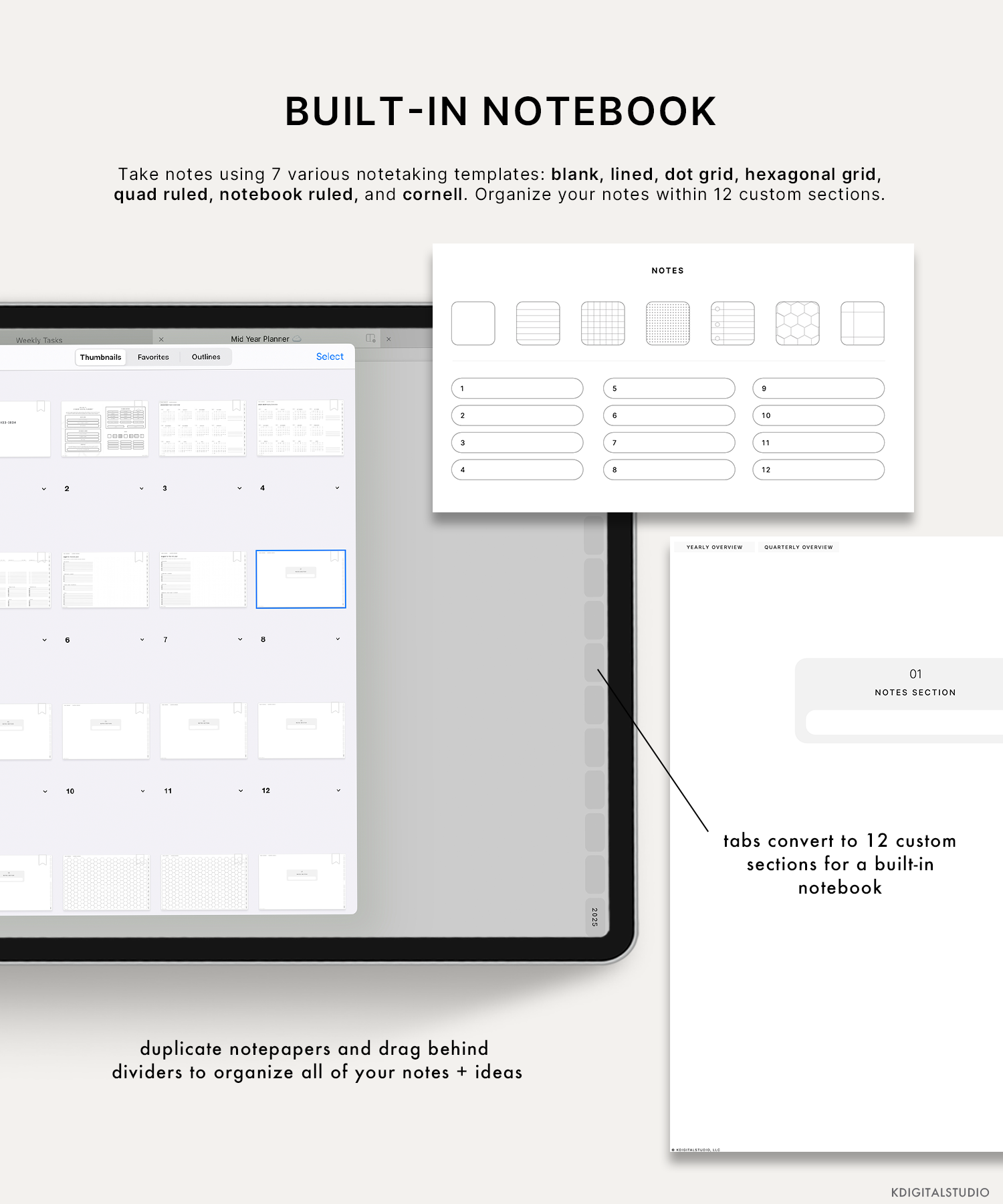 Take notes using 7 various notetaking templates: blank, lined, dot grid, hexagonal grid, quad ruled, notebook ruled, and cornell. Organize your notes within the 12 custom notes sections.