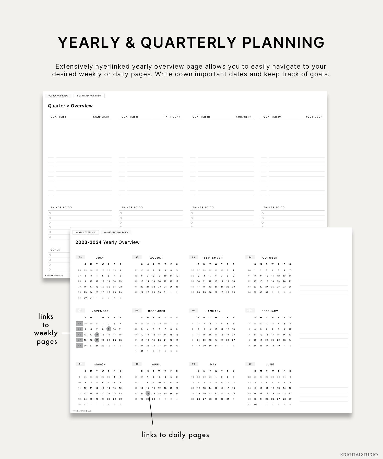 Yearly and quarterly planning pages in mid-year digital planner