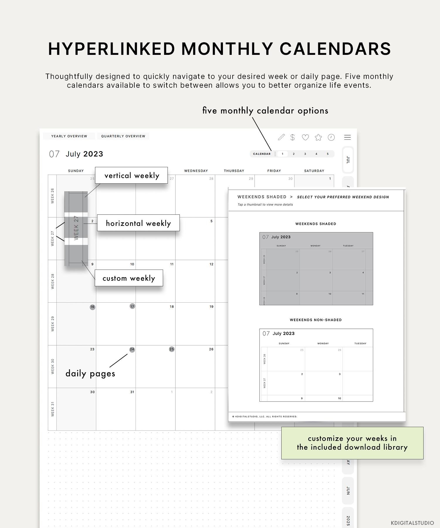 Thoughtfully designed to quickly navigate your desired week or daily page. Five monthly calendars available to switch between will allow you to better organize life events.